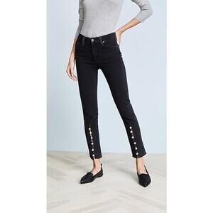 PAIGE Black Straight Leg Jeans with Pearl Detail